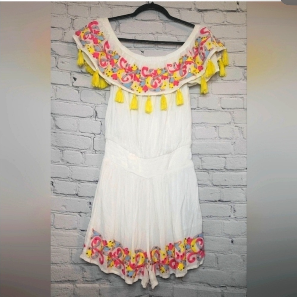 Boston Proper White Romper with Yellow and Pink Details- Size Small NWOT